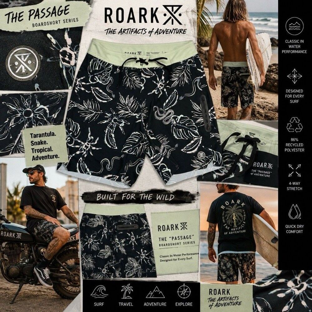 Roark The Passage Boardshorts 31 Tarantula Snake Zip Pocket Surf Swim Trunks